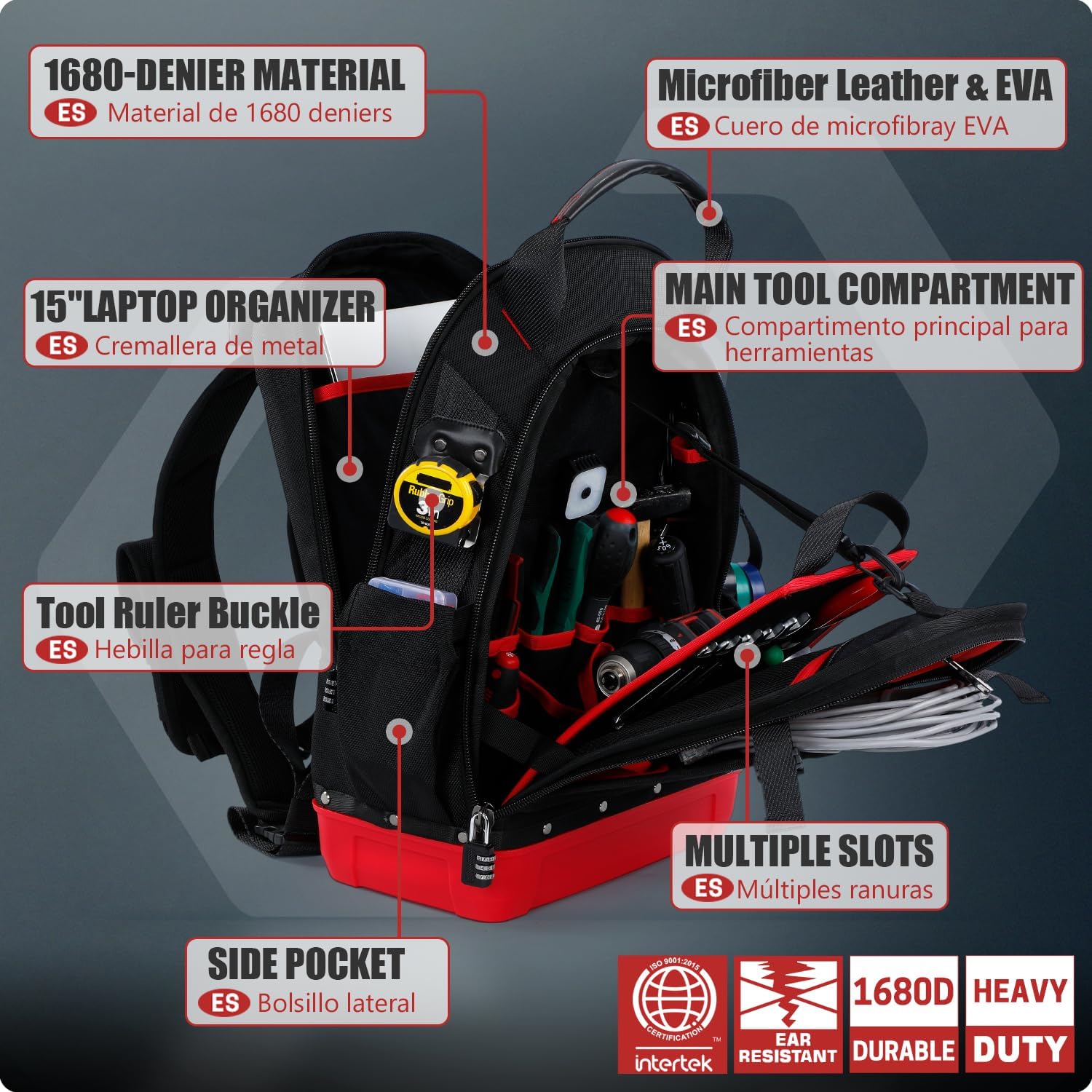 Tool Backpack, Heavy Duty Electrician Backpack with Waterproof Bottom & Laptop Compartment, Durable HVAC/Mechanic/Technicians Backpacks for Tool Organizer