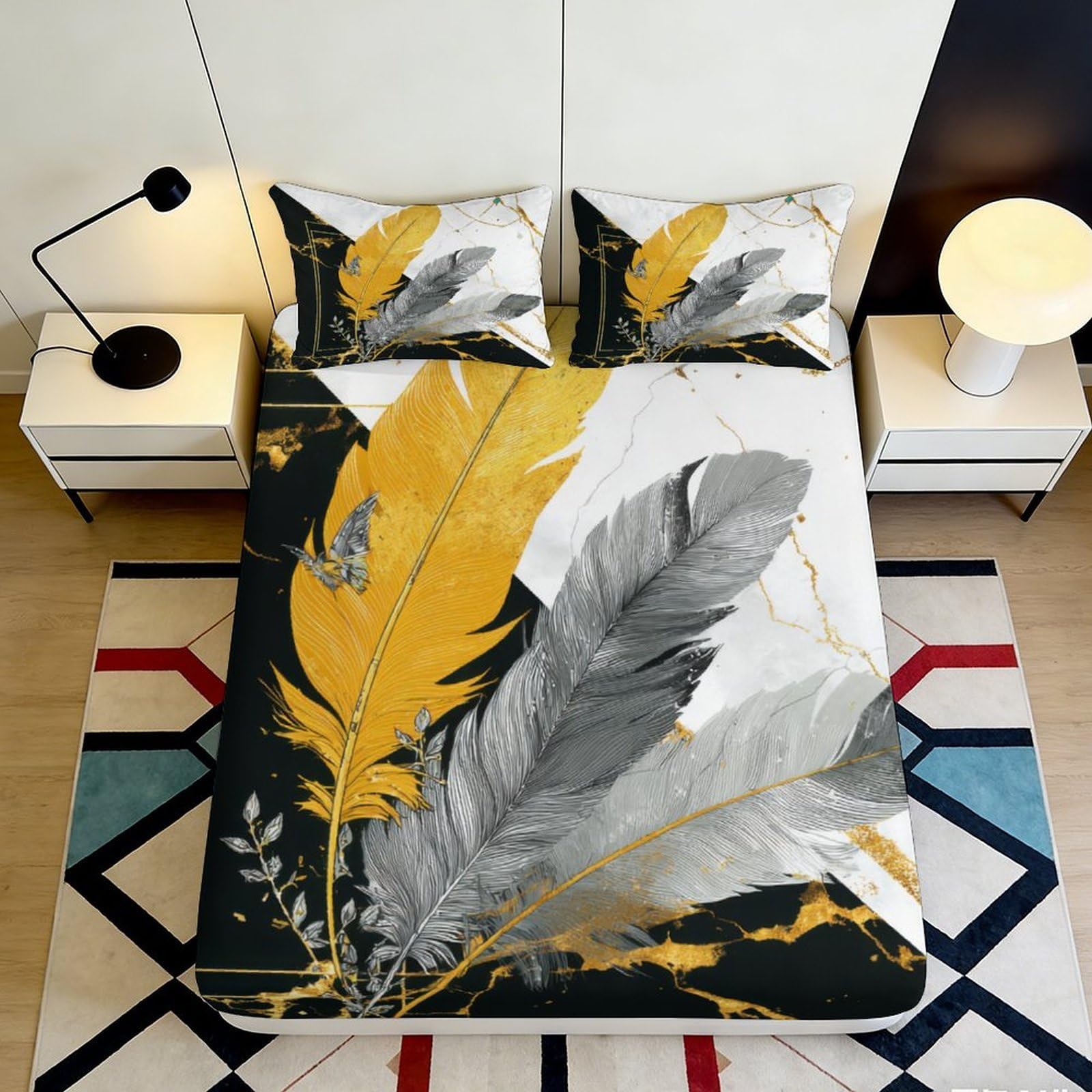 3D Printed Yellow Feather Fitted Sheet Microfiber Soft Abstract Grey Leaf Mattress Cover for Bedroom Dorm Decor Washable 90x200x25cm