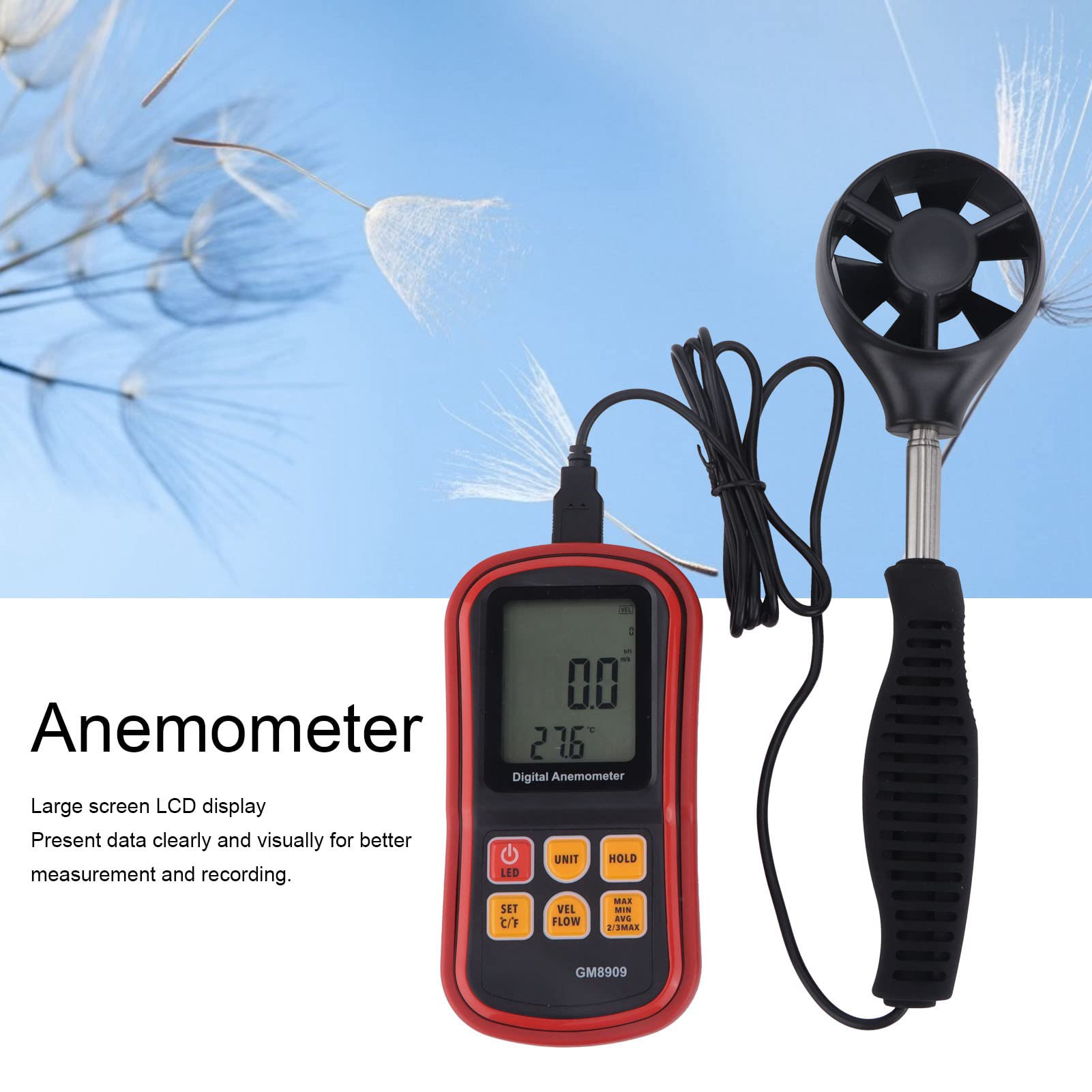Amazon | Gm8909 LCD ディスプレイ風速計、ハンドヘルド風向風速計