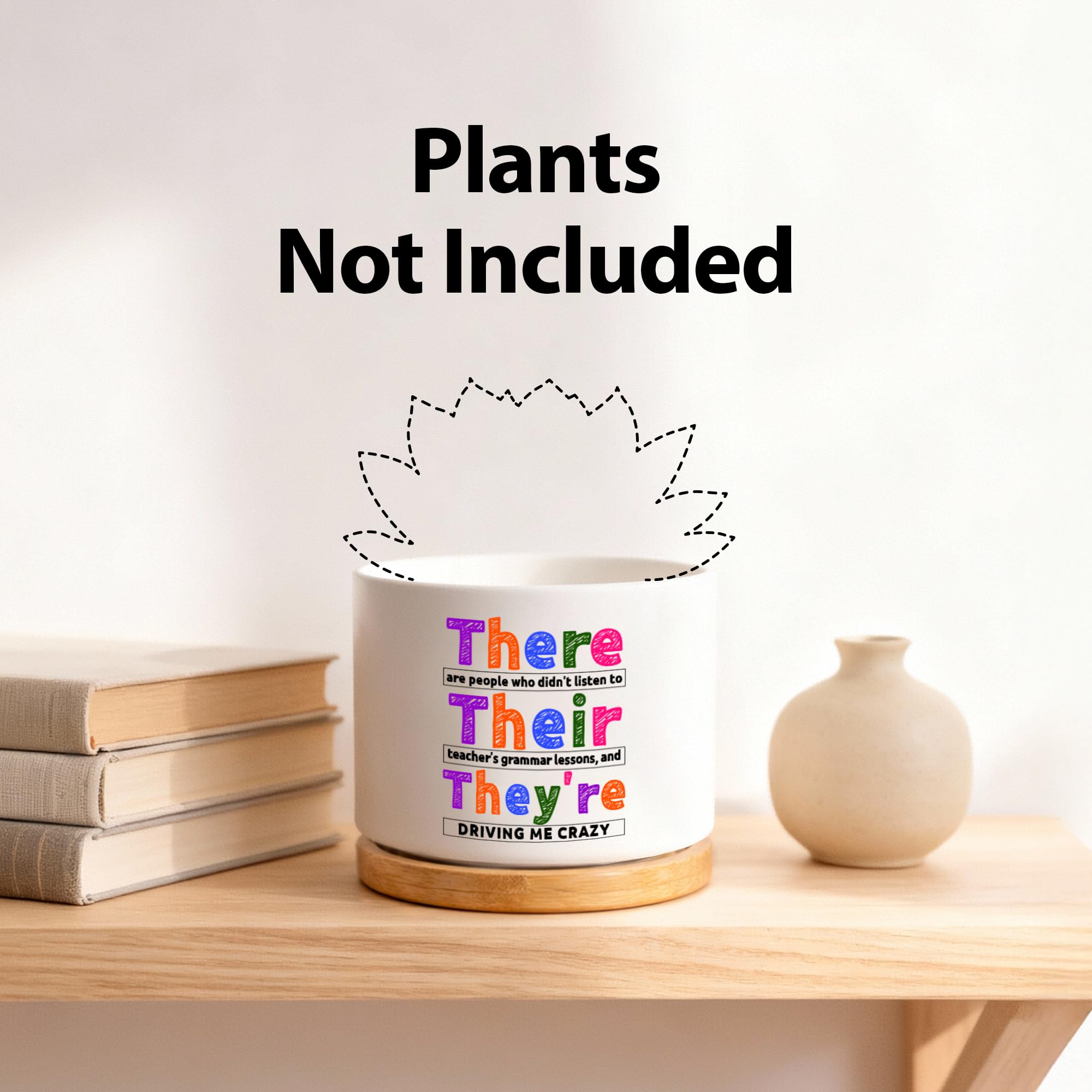 There Their They're Grammar English Teacher Gifts Editors Writers Teacher Appreciation Day Gifts Ceramic Succulent Plant Pot with Bamboo Tray Round Home Office Decor 3.5 Inch White (No Plants)