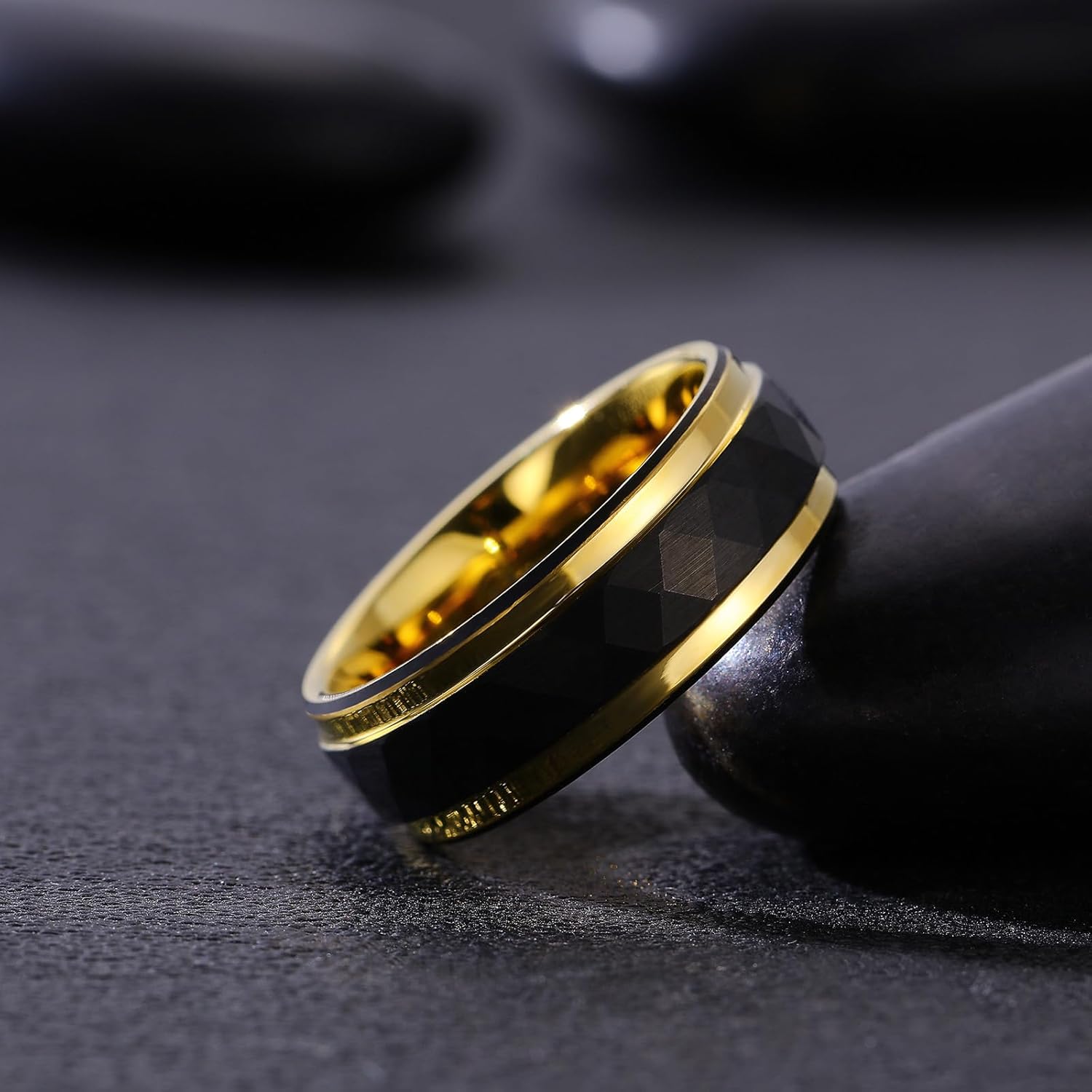 Black Tungsten Rings for Men - Rhombus Hammered Finish with Gold Edge, Comfort Fit, Hypoallergenic Wedding Bands - Image 2