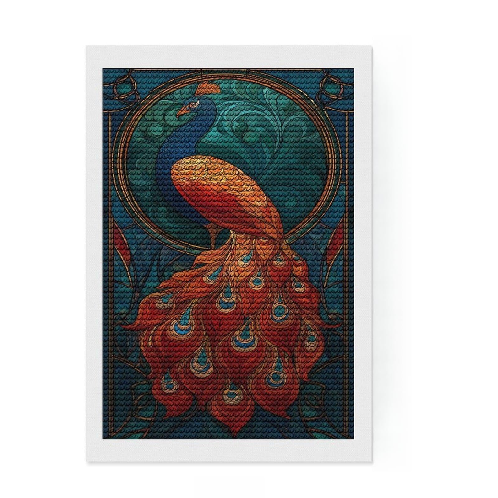 Junmoney Stained Glass Peacock Full Drill Diamond Painting Kit 8"x12", Detailed Printed Canvas, Living Room Decor, Boho Decor, Holiday Gift Idea