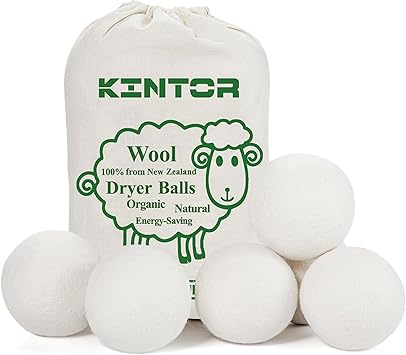 KINTOR Wool Dryer Balls XL 6 Pack, 100% New Zealand Wool Organic Fabric Softener, Hypoallergenic Baby Safe Unscented, Chemica