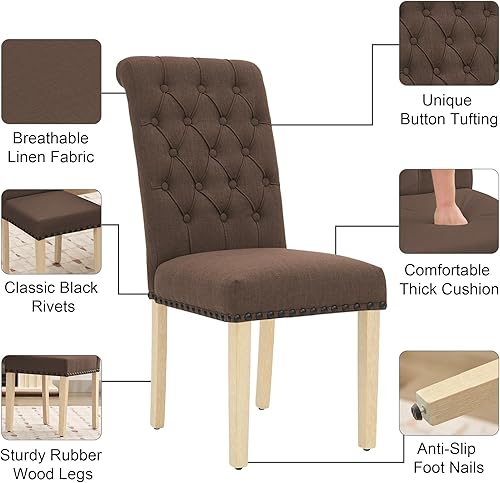 Miniatura 12 de LOULENS Juego de 2 sillas de comedor de tela, modernas sillas Parson tapizadas de lino con ribete de cabezas de clavos, botones acolchados, patas de
