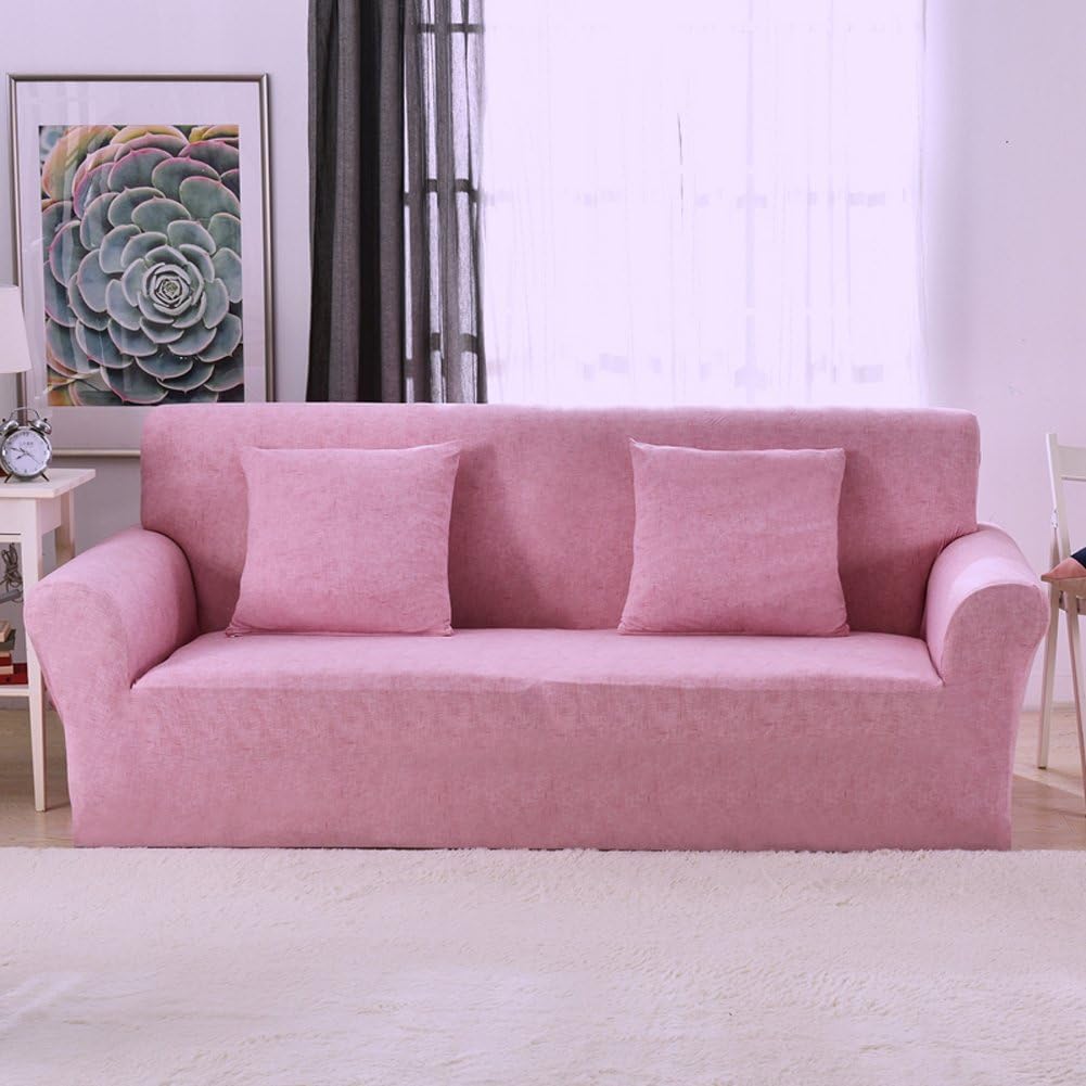 1 2 3 4 Seater Sofa Cover All-Season Linen Pattern Stretch Sofa Slipcover Anti-skid Elastic Polyester Couch Cover Protector size 4 Seater:235-300cm (Pink)
