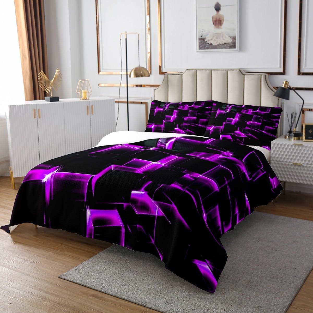 Erosebridal Purple Black Geometric Quilts Queen Size 3D Stereoscopic Square Bedspread Set, Glowing Neon Squares Coverlet Set 3 Piece Gradient Grid Plaid Bedding Sets