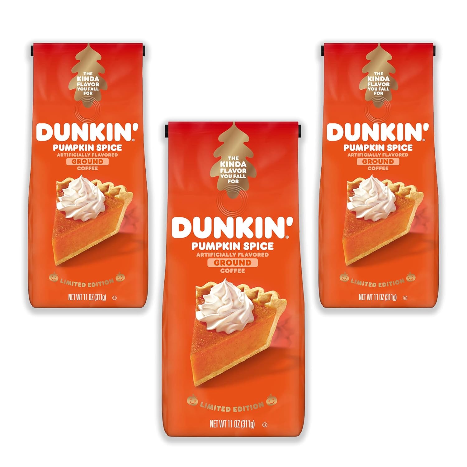 Dunkin' Pumpkin Spice Seasonal Flavor Ground Coffee Variety Pack, 11 Ounce Bag (Pack of 3)