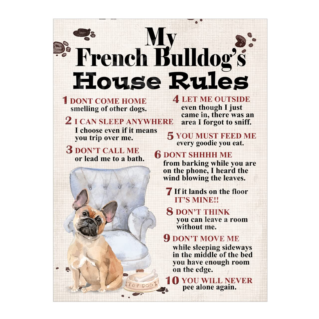 Metal Sign Plaque Dog House Rules My French Bulldog Pet Home Bar Man Cave Garden Shed Garage Pub Decor Shed Garage size 10x8in ref8203