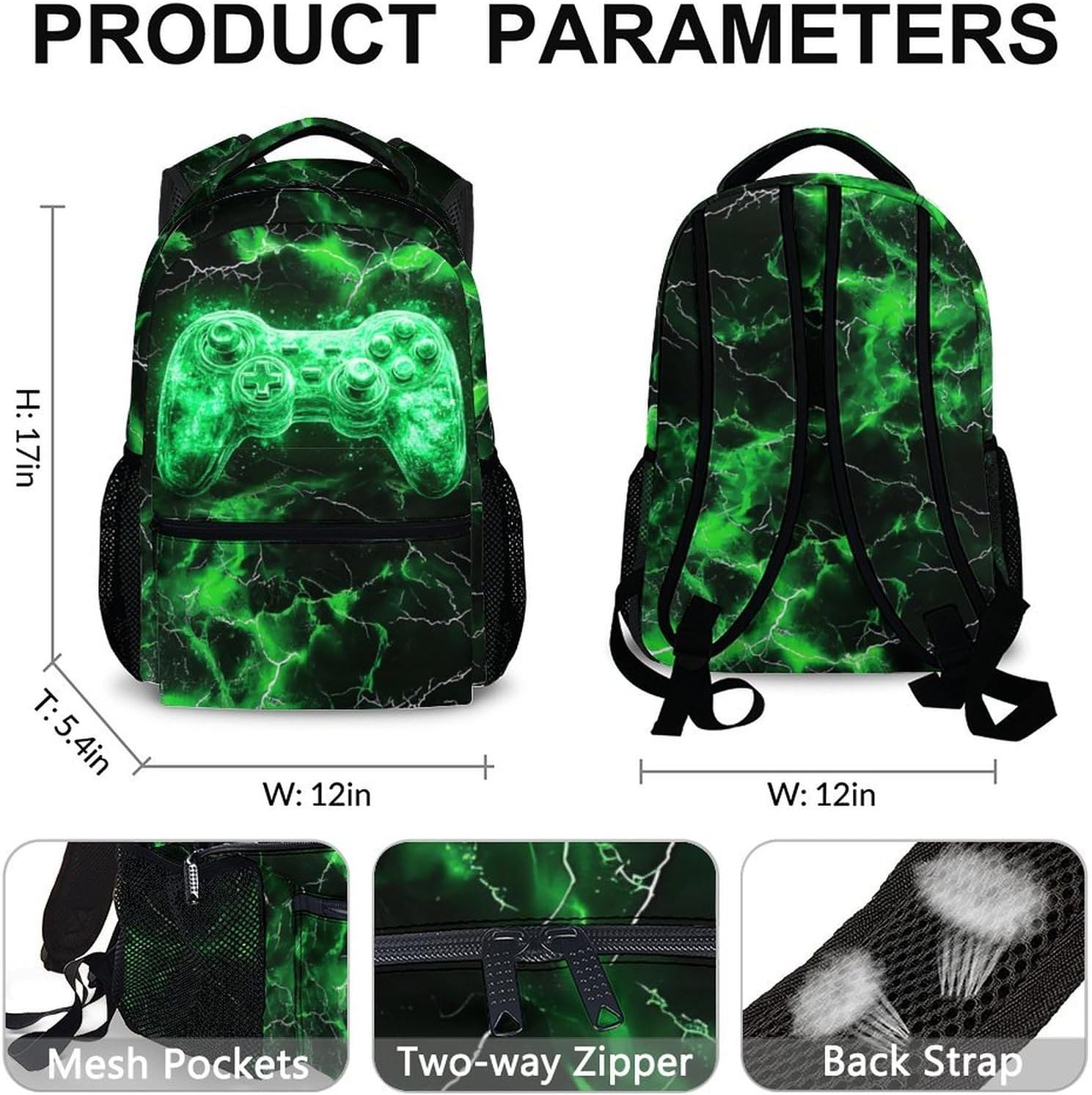 Kids Backpack, Cool Green Gamer Bookbag for Boys 6-8, Boys Gift for Birthday, 17 Inch Leisure Backpack for School Preschool Elementary Kindergarten - Image 2