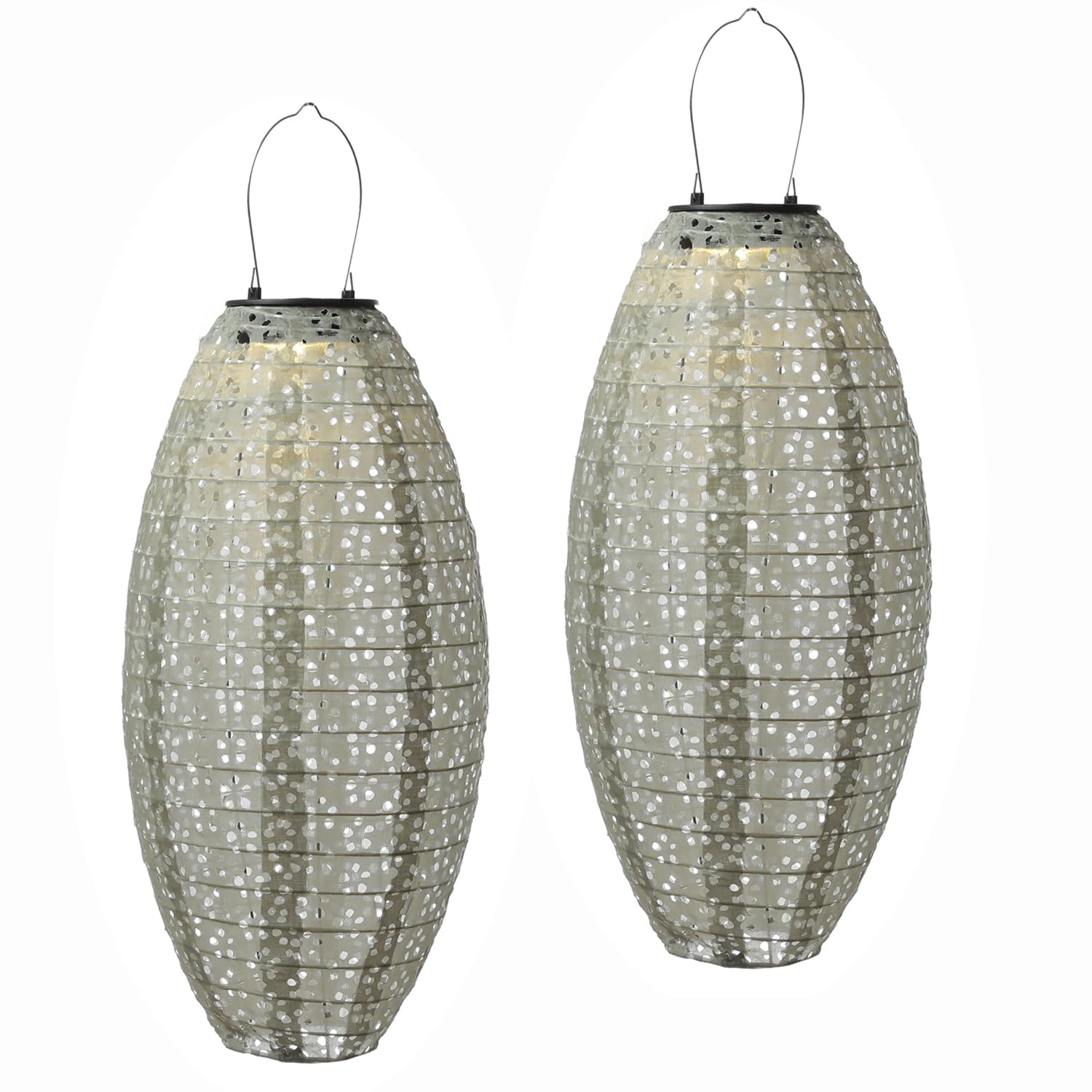 LED Solar Lampions oval mit Blumenmuster grün 25cm für Party Balkon Terrasse outdoor 2er Set Gartenlampions mit Sensor wetterfeste Solarlampe hängend Laterne (grün - 2 Stück (oval))