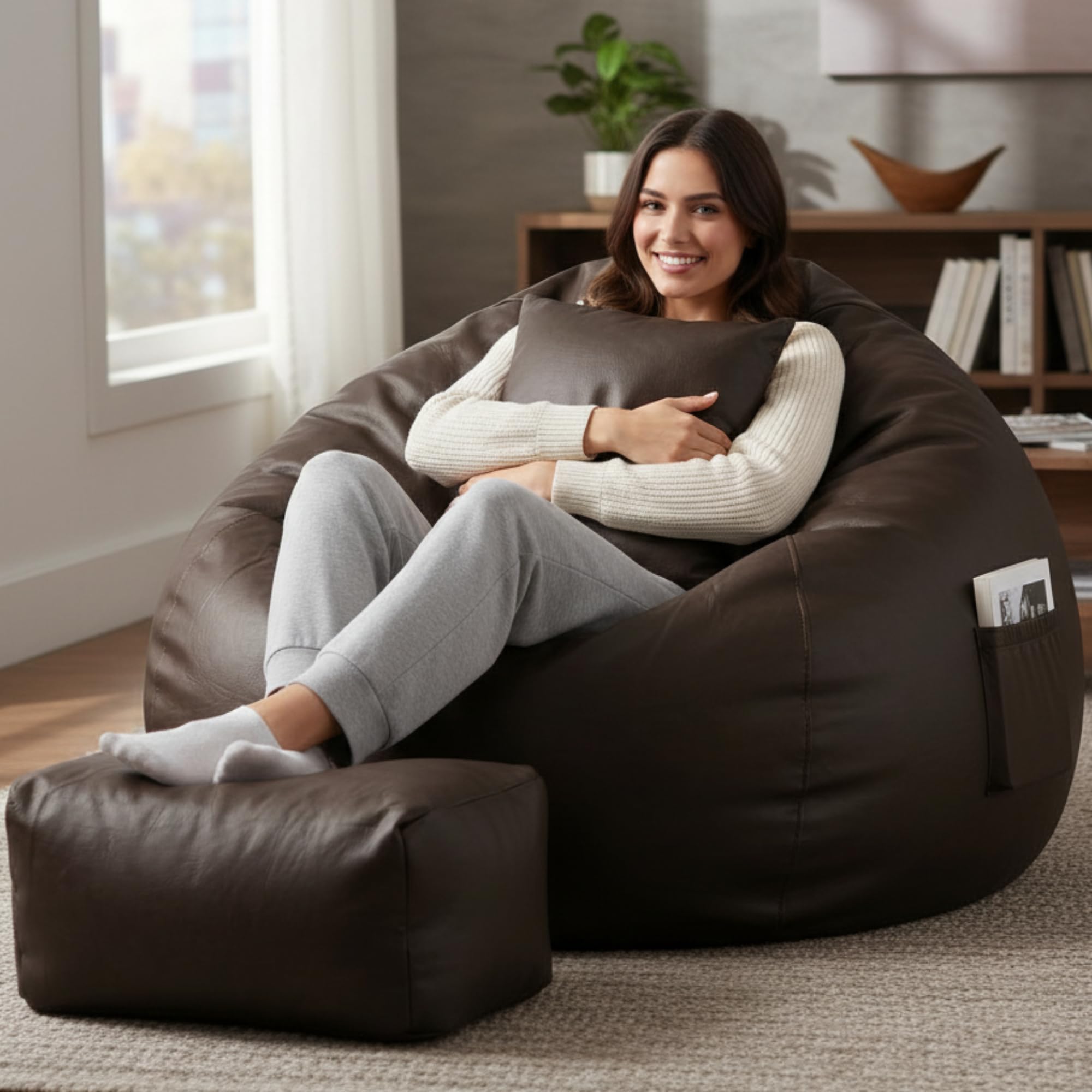 Luxury 5XL Jumbo Bean Bag with Footrest & Cushion | Premium Leatherette | High-Density Beans Filled | Heavy Duty Double Stitch | 6 Months Warranty Color- (Navy Blue) (Dark Brown)-image-22