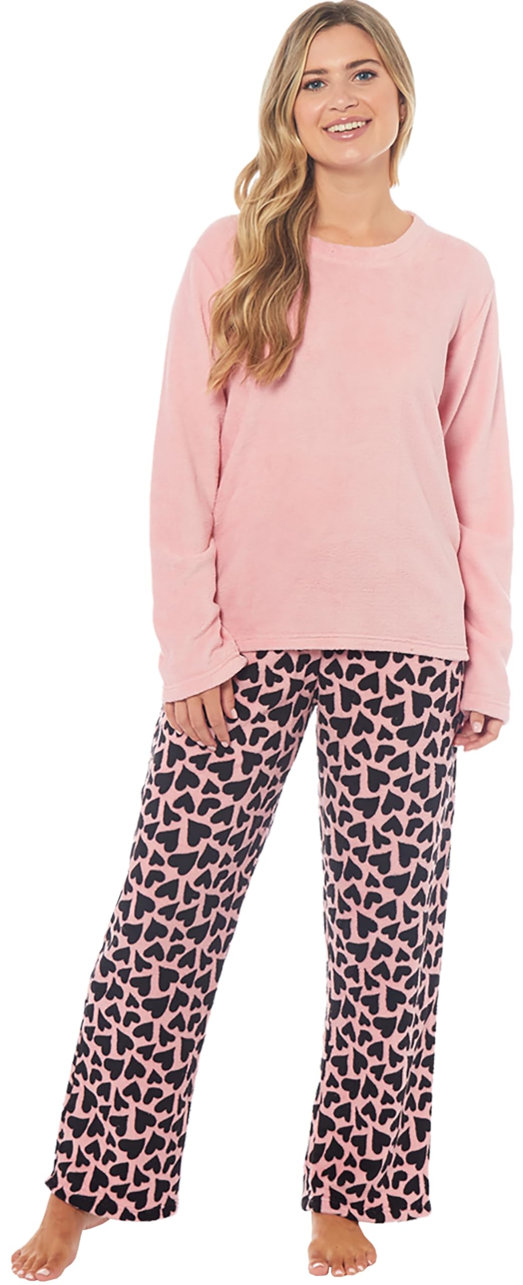 Kate Morgan Women's Pink - Hearts Pyjamas Warm Fleece Pj For Sets Pjs S-Xl | Soft Twosie Pyjama Set For Gifts For Her Xl Pink