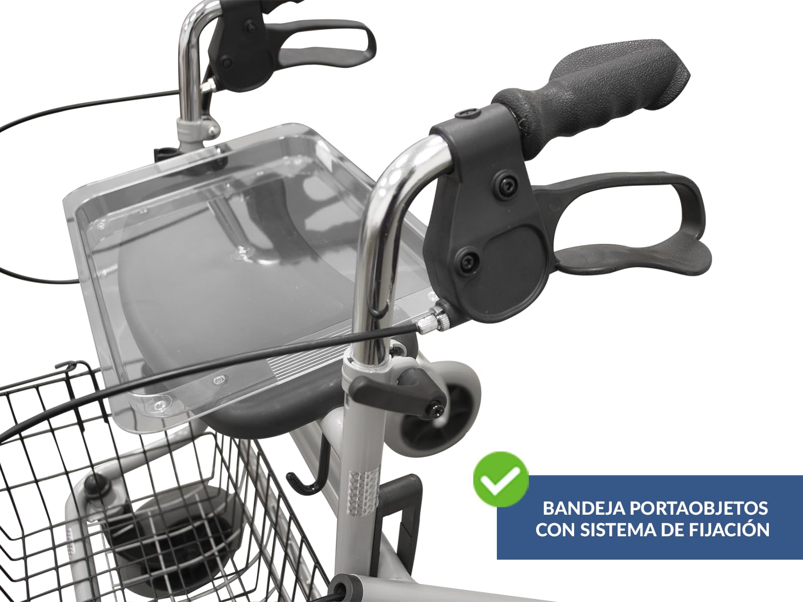 QUIRUMED - Andador con Bandeja y Canasto | Soporte para Bastón | Alta Capacidad de Carga | Ajustable en Altura y Plegable | Ideal para Personas Mayores, Gris