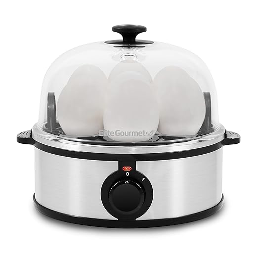 Elite Gourmet EGC648 Easy Electric Poacher, Omelet Eggs & Soft, Medium, Hard-Boiled Egg Boiler Cooker with Auto Shut-Off and Buzzer, Measuring Cup Included, BPA Free, Stainless Steel 7 Egg