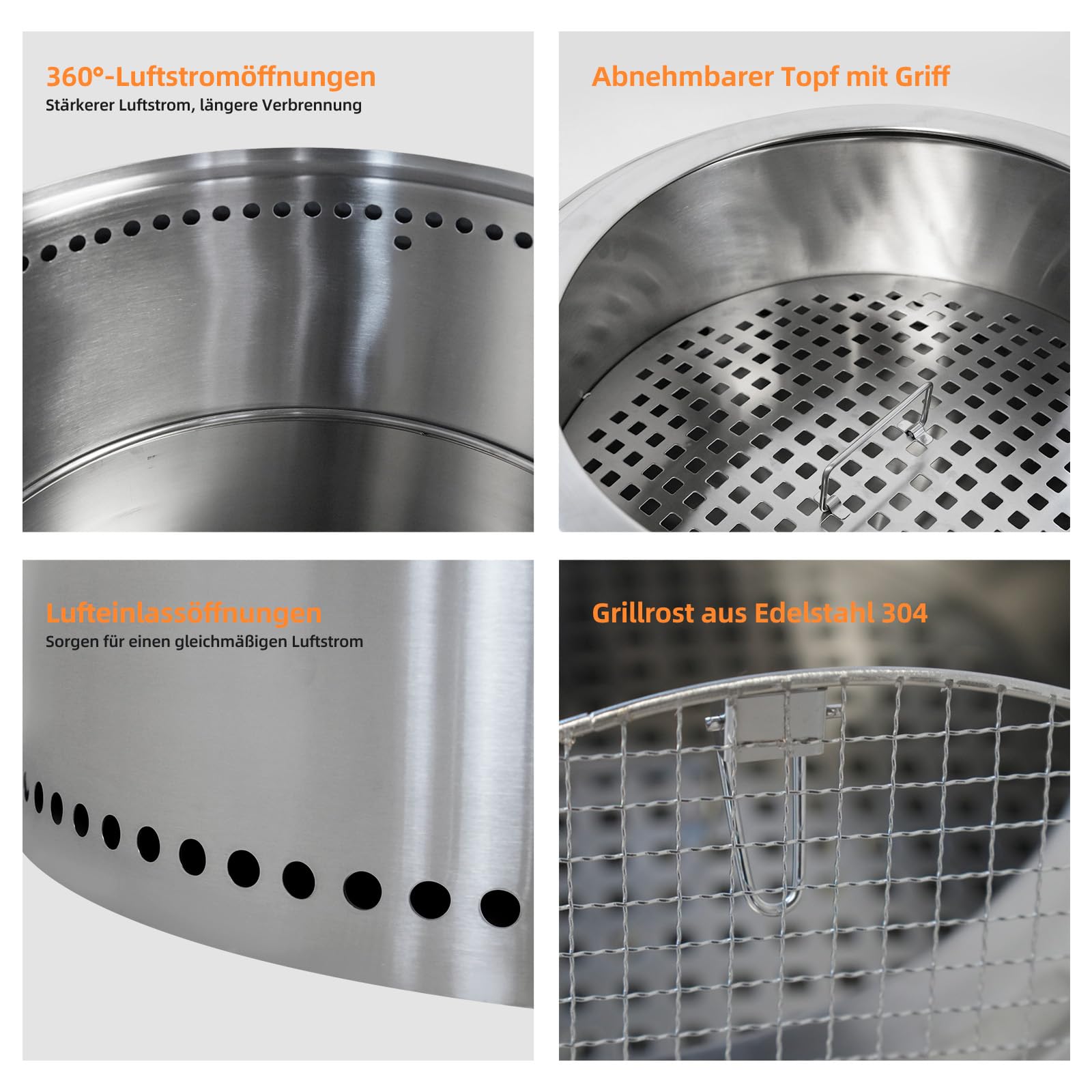 Feuerschale Edelstahl 50cm, Rauchfreie Feuerschale mit Grillrost, Aufbewahrungstasche, Abnehmbarer Aschekasten, Feuertonne, Tragbare Feuerstelle für Den Garten, Terrasse Balkon (Style 2)