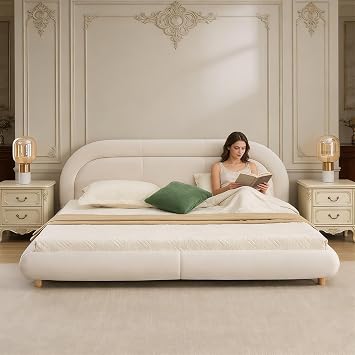 King Size Bed Frame with Curved Shape Headboard, Soft Cloud Upholstered Bed Frames, Beige Velvet Fabric, BedFrames Corner Steel Brackets, 800 lbs Capacity, No Box Spring Required Beige, King, 33"H
