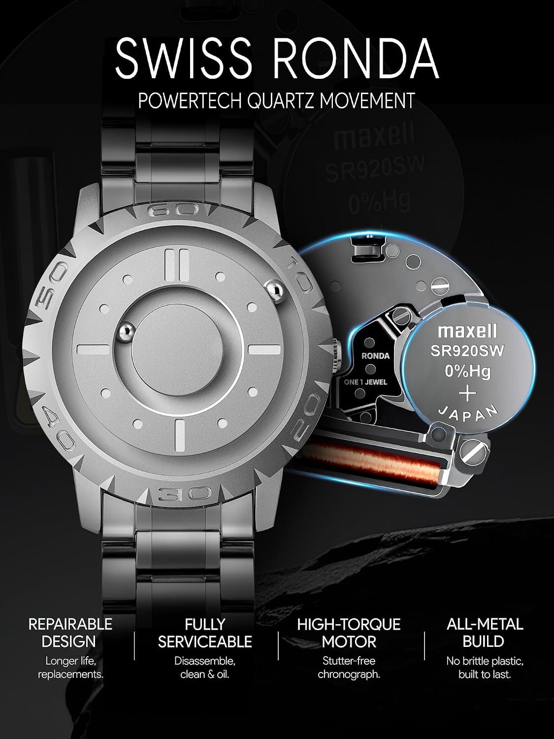 EUTOUR Magnetic Watch Floating Balls Dial 40mm Swiss Qtz 3/5ATM 20mm Strap image 2