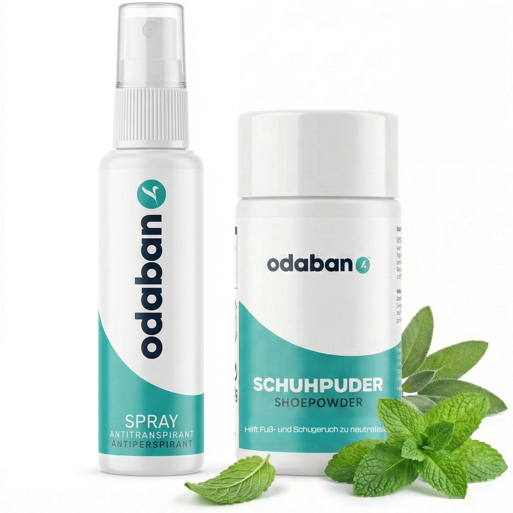 odaban® Set con spray sin perfume 30 ml y polvo para pies de menta 50 g | Spray corporal sin perfume de 30 ml y polvo de 50 g para pies y calzado, formatos complementarios para cuerpo y pies