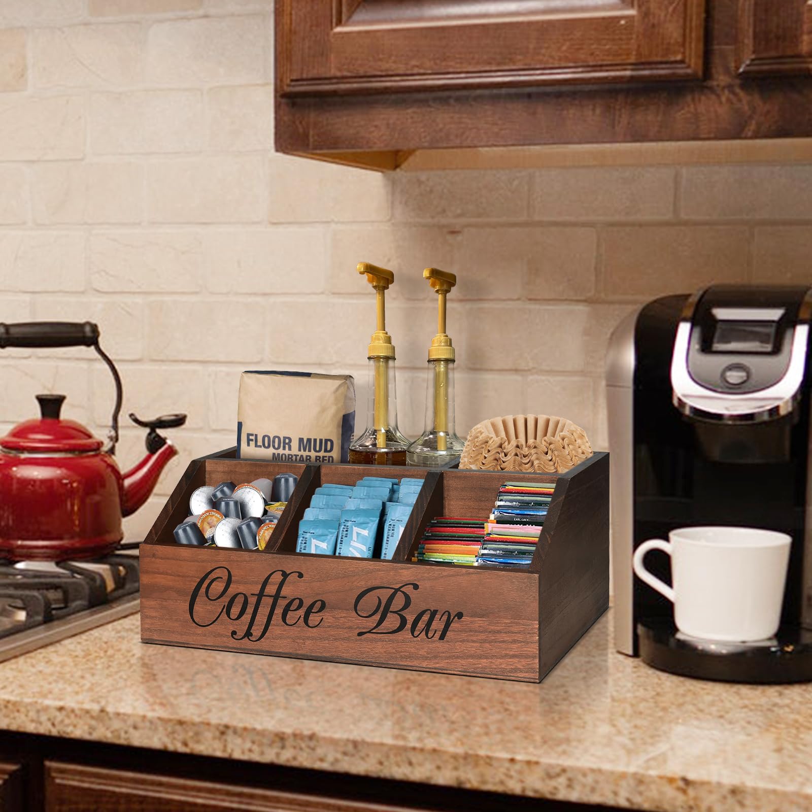 ugiftt Organizador de estación de café para mostrador, cesta de almacenamiento de cápsulas de café de madera, organizador de almacenamiento de condimentos de café y té, decoración rústica de barra de