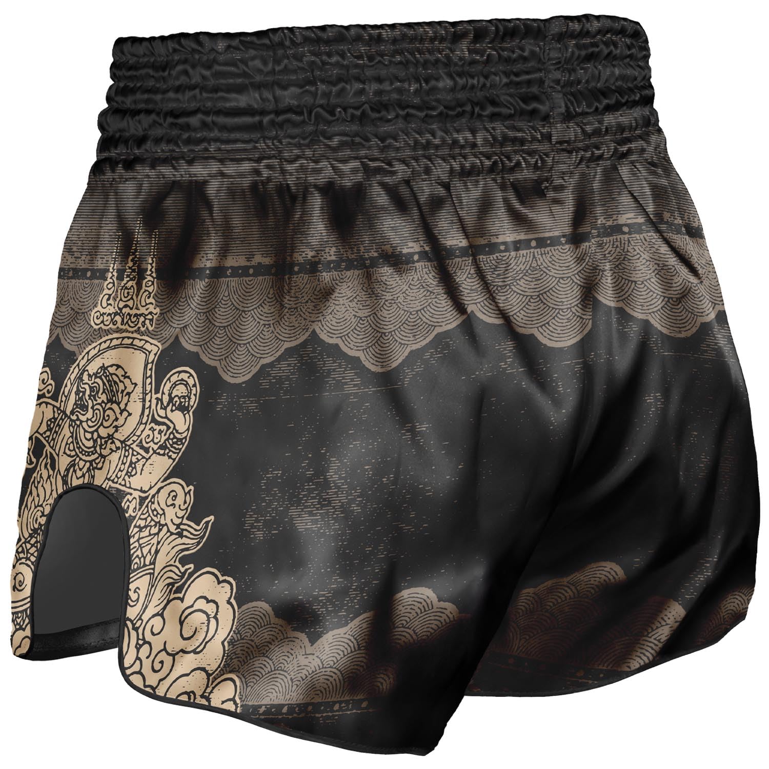 8 WEAPONS Muay Thai Shorts Hanuman, Schwarz-Gold, Kickboxhose für Training & Wettkampf, Thaibox Shorts Satin, Atmungsaktiv, Langlebig, Kampfsporthose für MMA, K1, Boxen, Thai Boxen