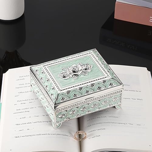 Miniatura 2 de Hipiwe Joyero de metal vintage con diseño floral, preciosa caja de joyería para anillos, aretes, collar, caja rectangular para baratijas, caja