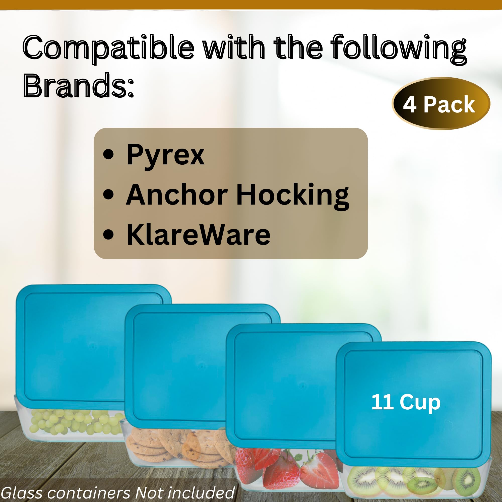 Klare Ware 11 Cup Rectangle Replacement Lids/Covers for Pyrex, Anchor Hocking & KlareWare Storage Bowls *Lids Only -Glass Container Not Included*, 4 Pack, Turquoise