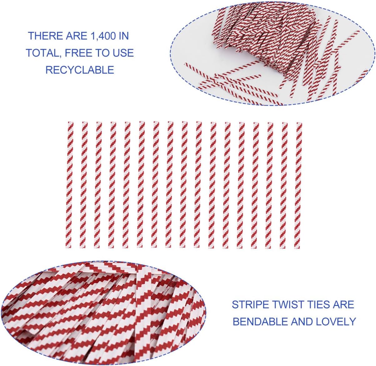 1400pcs Red White Stripe Bread Bag Ties Baking Packing Ribbon Closure Ties for Bakery Packaging and Dessert Candy Bags