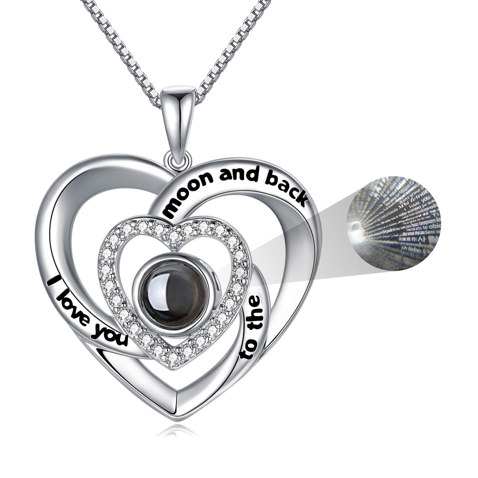 LONAGO Naszyjnik 'I Love You' 100 języków, srebro wysokiej próby 925, projekcja miłości, naszyjnik dla kobiet, mamy, 22mm*23mm, Srebro szterlingowe, Cyrkonia sześcienna