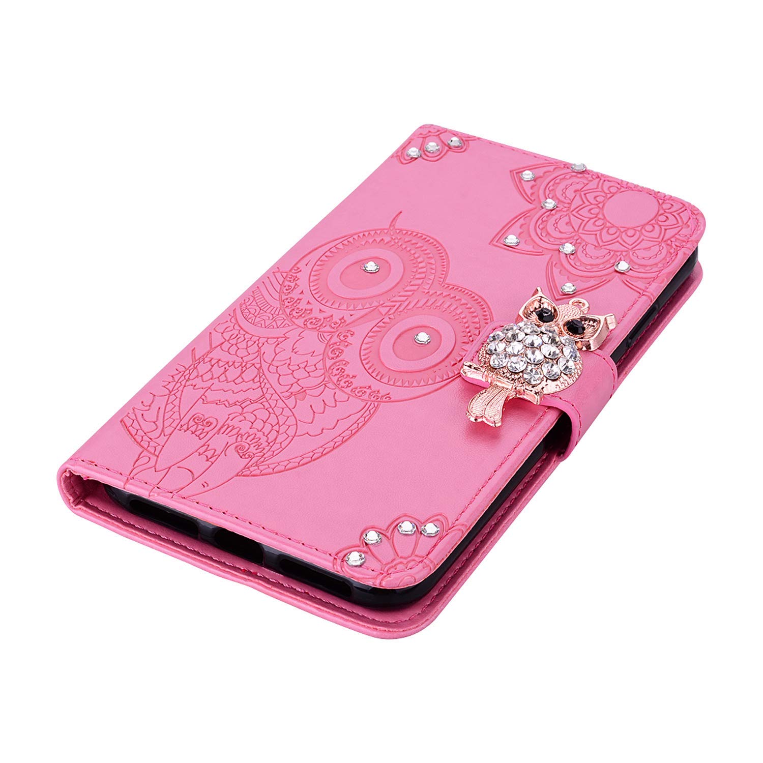 Custodia Portafoglio LEMAXELERS Per Samsung Galaxy A40, Con Rilievo Brillantini A Gufo, Supporto Integrato, Pelle Sintetica, Rosa
