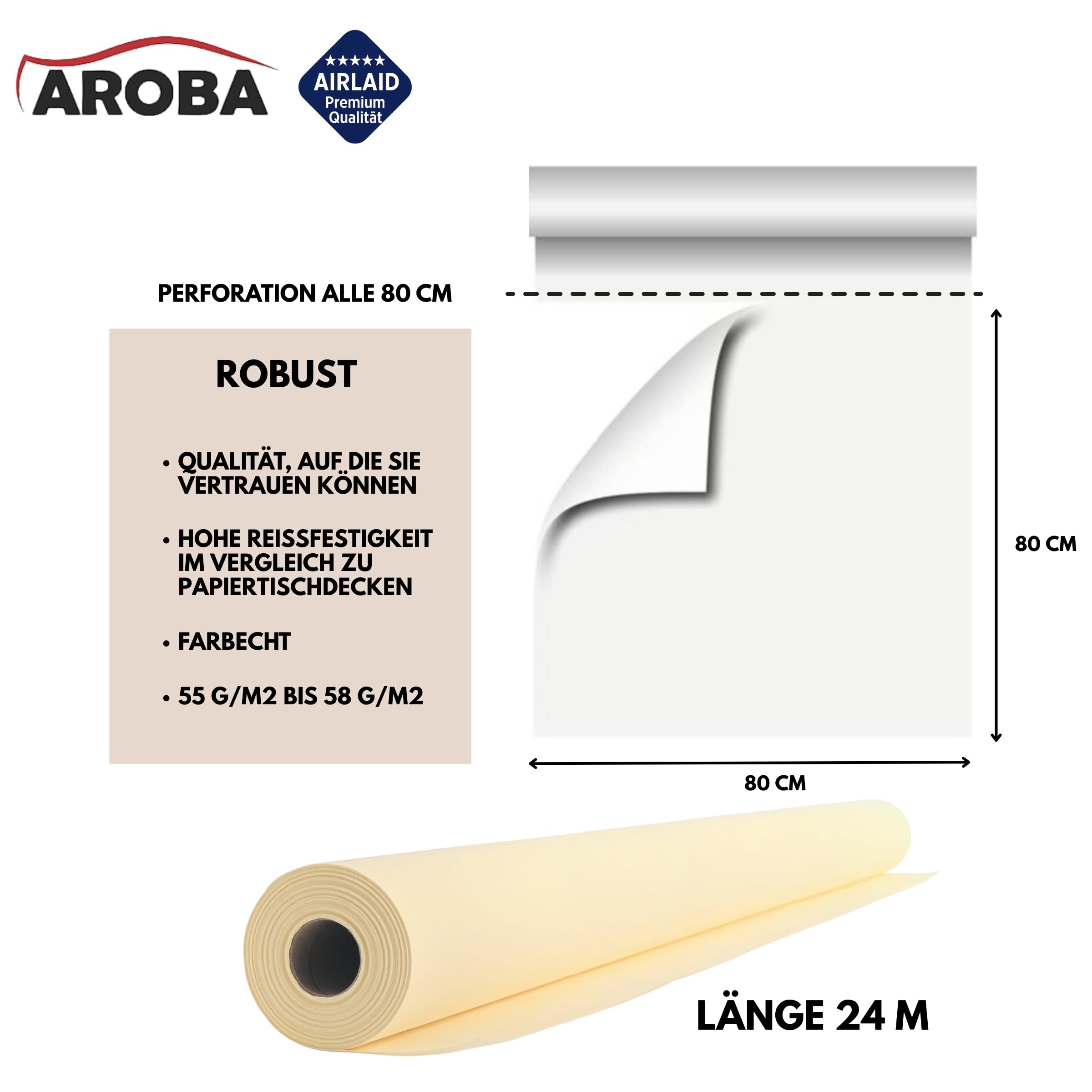 AROBA Airlaid - 2 rollos de mantel de alta calidad para hoteles, catering, cumpleaños, restaurantes, comuniones, bautizos, 2 unidades (beis, 0,8 m x 24 m)
