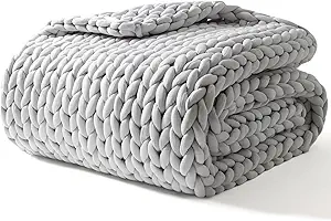 YnM Knitted Weighted Blanket, Hand Made Chunky Knit Weighted Throw Blanket for Sleep, Stress or Home Décor (French Silver, 60''x80'' 20lbs), Suit for One Person(~190lb) Use on Queen/King Bed