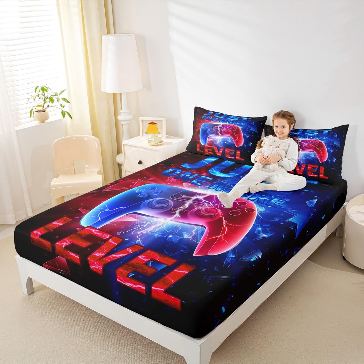 Youths Gamepad Kids Fitted Sheet Twin Size,Gamers Video Games Gaming Bedding Set,Boys Girls Adults Room Decor,Red Blue Lightning Light Bed Cover,Modern Fashion Bed Sheet,1 Pillowcase image 3