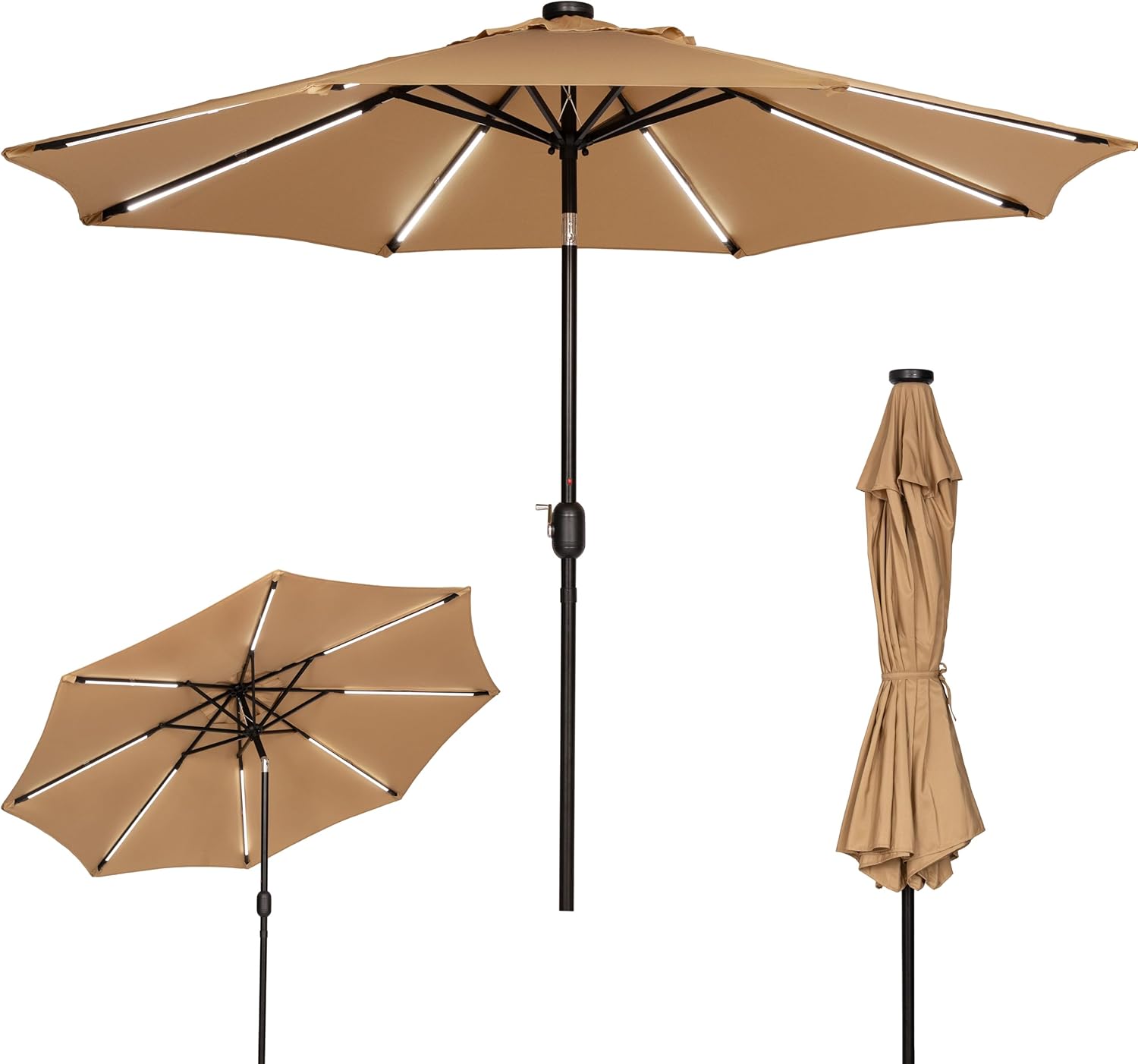 Sunnyglade 9 FT Solar LED Lighted Patio Umbrella with 8 LED Strip Lights, Patio Outdoor Umbrella with Push Button Tilt/Crank, Fade-resistant & Waterproof for Garden, Backyard, Poolside (Tan)