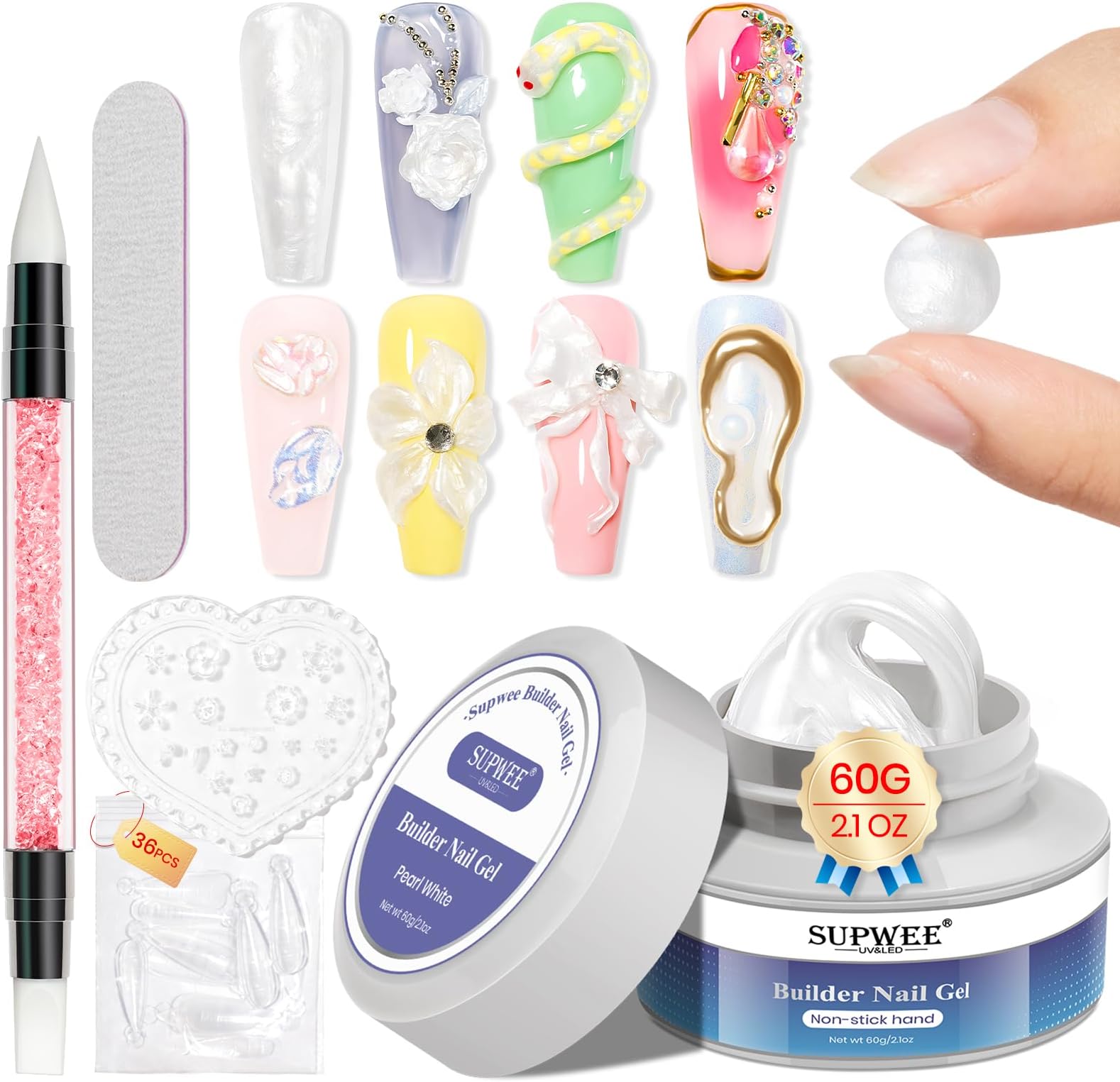60g 3D Sculpting Gel for Nail art, Solid Builder Gel Pearl White, No Stick Hand 3D Hard Gel for Nail Sculpting & Art, Nail Extension & Carving, 5D Ribbon Bow Designs