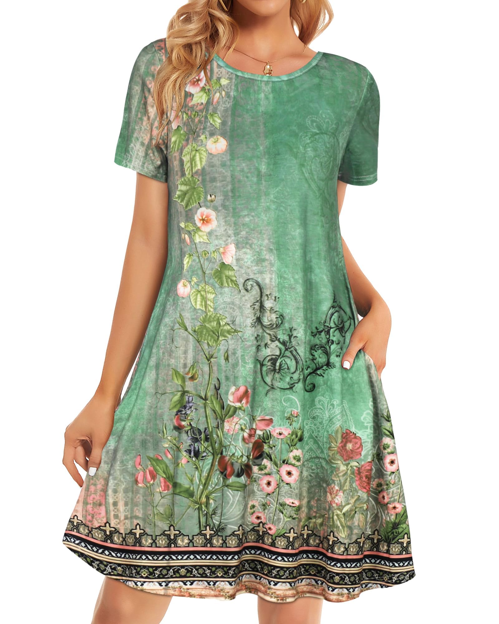 elescat Womens Summer Dresses Casual Loose Tshirt Floral Pockets Sundress | 2026 Boho Flowy Short Sleeve Dress, Two Hidden Pockets, Loose Beach Cover Up, Solid or Floral, Fashion Vacation Outfits