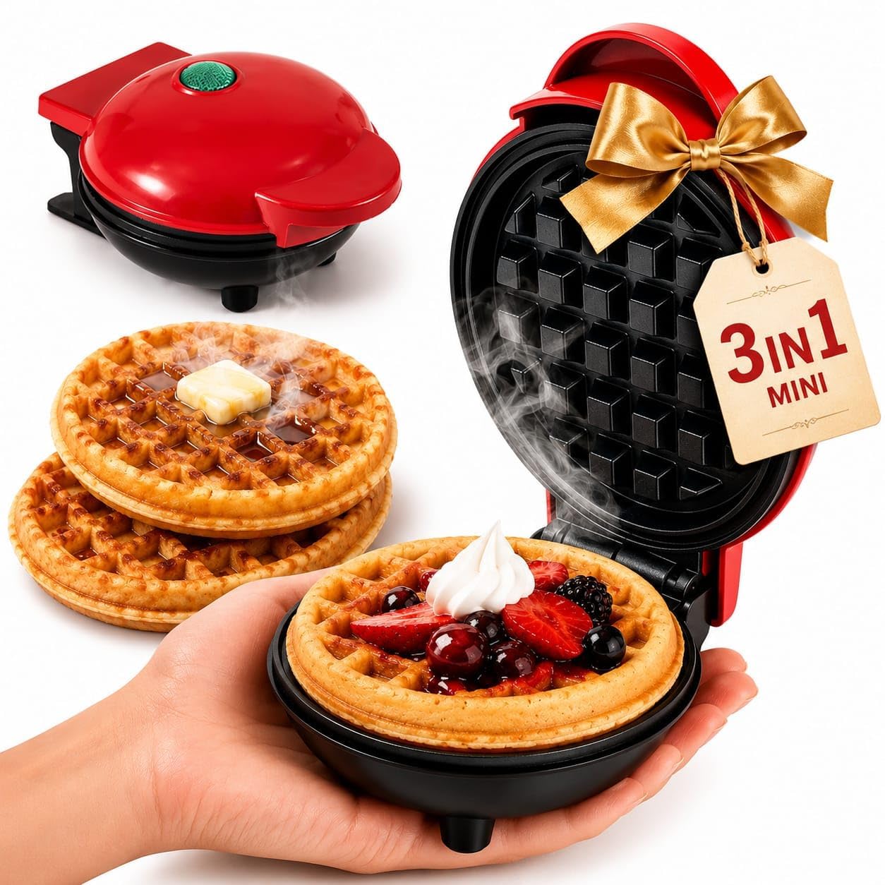 Mini Waffle Maker Machine 3 In 1 Waffle Iron Home Appliances Kitchen Easy To Clean, 4 Inch, Perfect For Breakfast,Dessert, Sandwich, Pan Cakes, Other Snacks|Assorted - 350 Watts-image-30