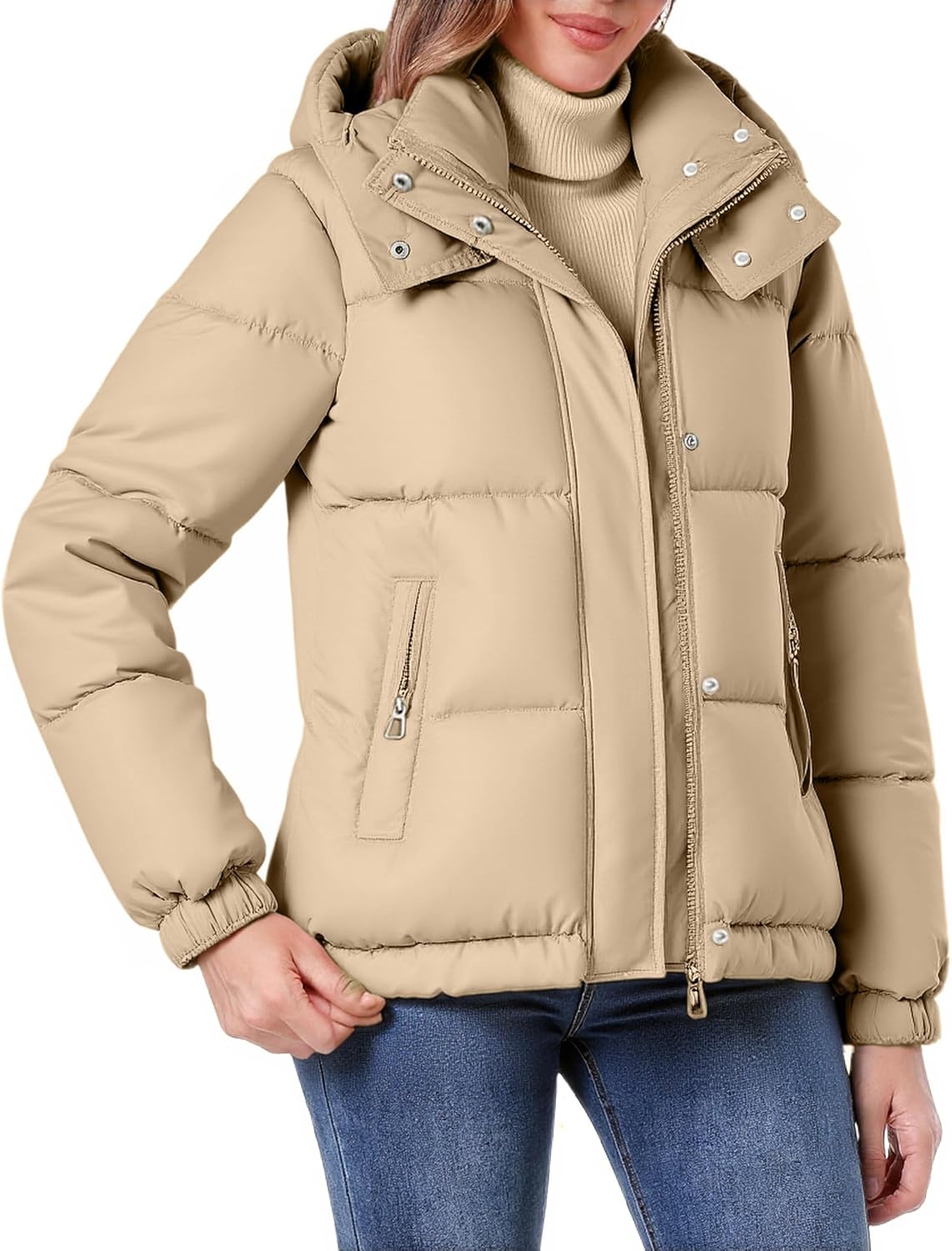 hathne Women's Cropped Puffer Jacket Coats Winter Zip Up Hooded Short Warm Padded Jacket Outerwear - Image 2
