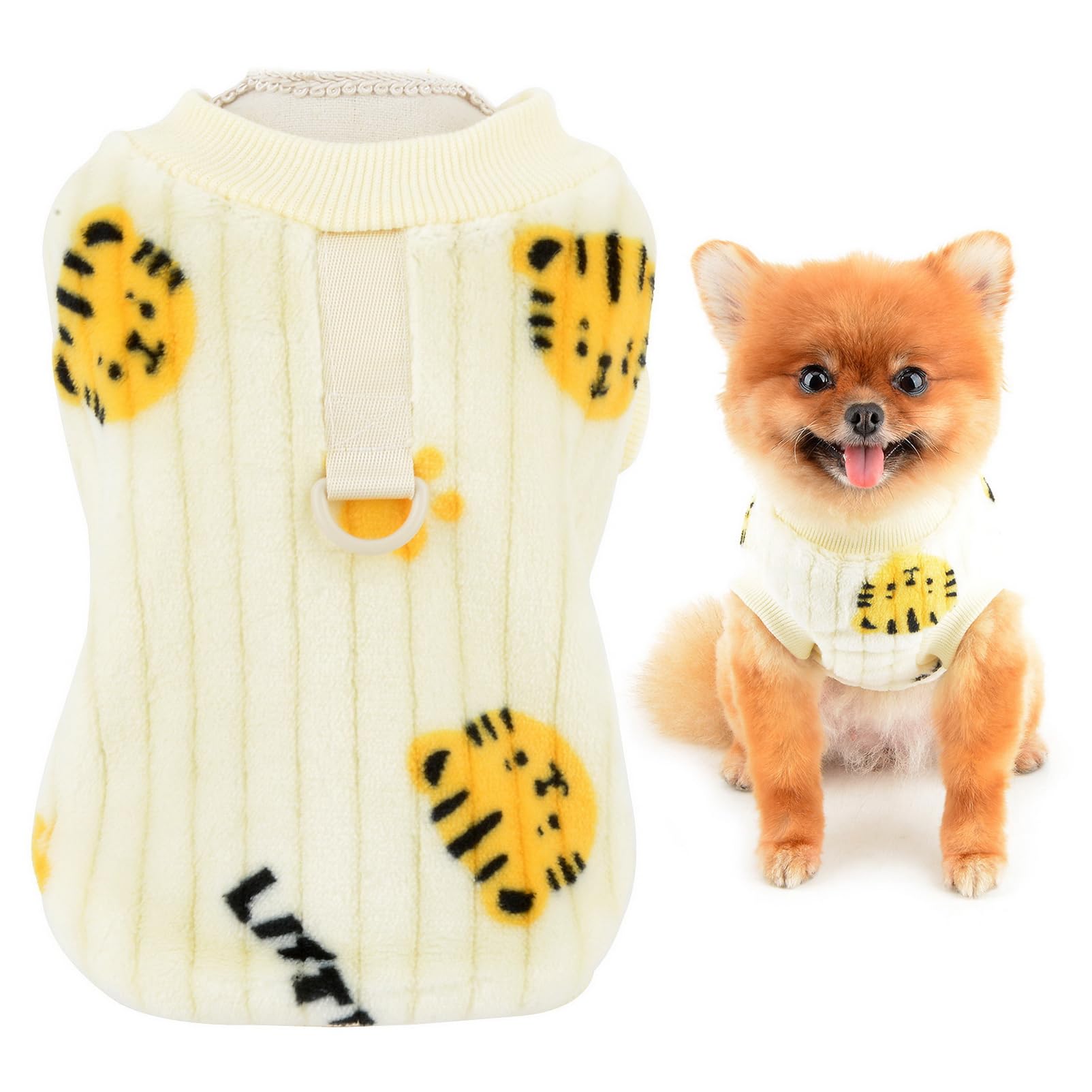 SMALLLEE_LUCKY_STORE Dog Ribbed Fleece Jumpers for Small Dogs Cat, Pet Pullover Sweatshirt with Tiger Print and D-ring, Puppy Vest Yorkie Chihuahua Warm Sweater Winter Fall Clothes, Beige, S — image 1