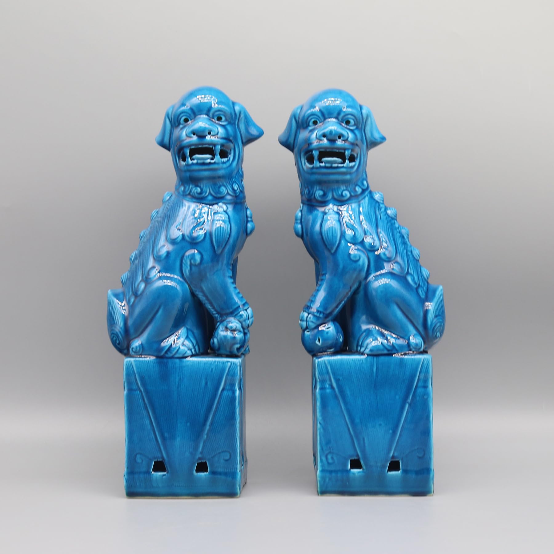 Eastern tide Guardian Lion Statues, Blue Ceramic, 33 cm Height, Traditional Chinese Style, Set of 2