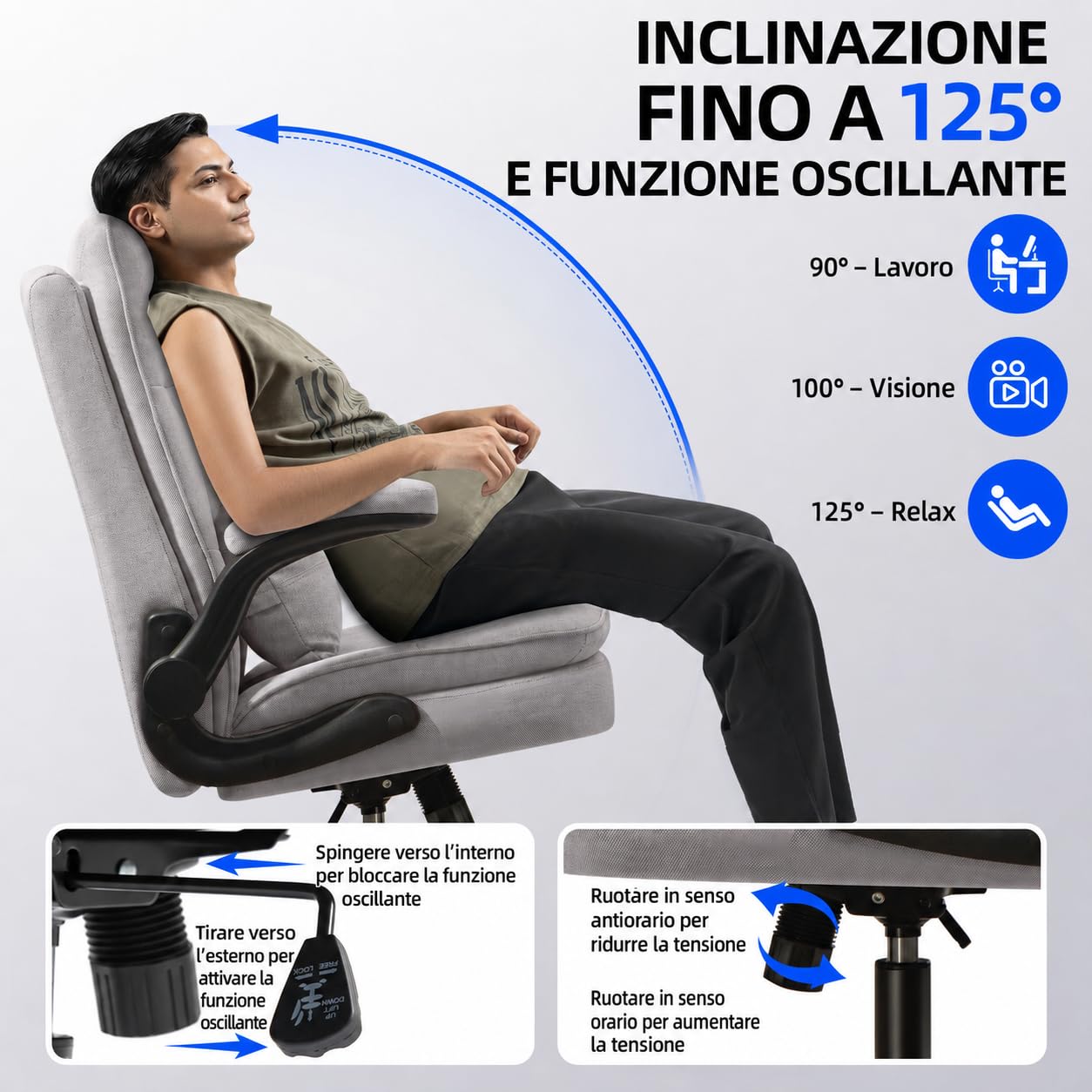 Sedia da ufficio ergonomica, in tessuto traspirante e schienale alto, regolabile in altezza e funzione basculante, 150 kg, sedia girevole con ruote, colore: grigio