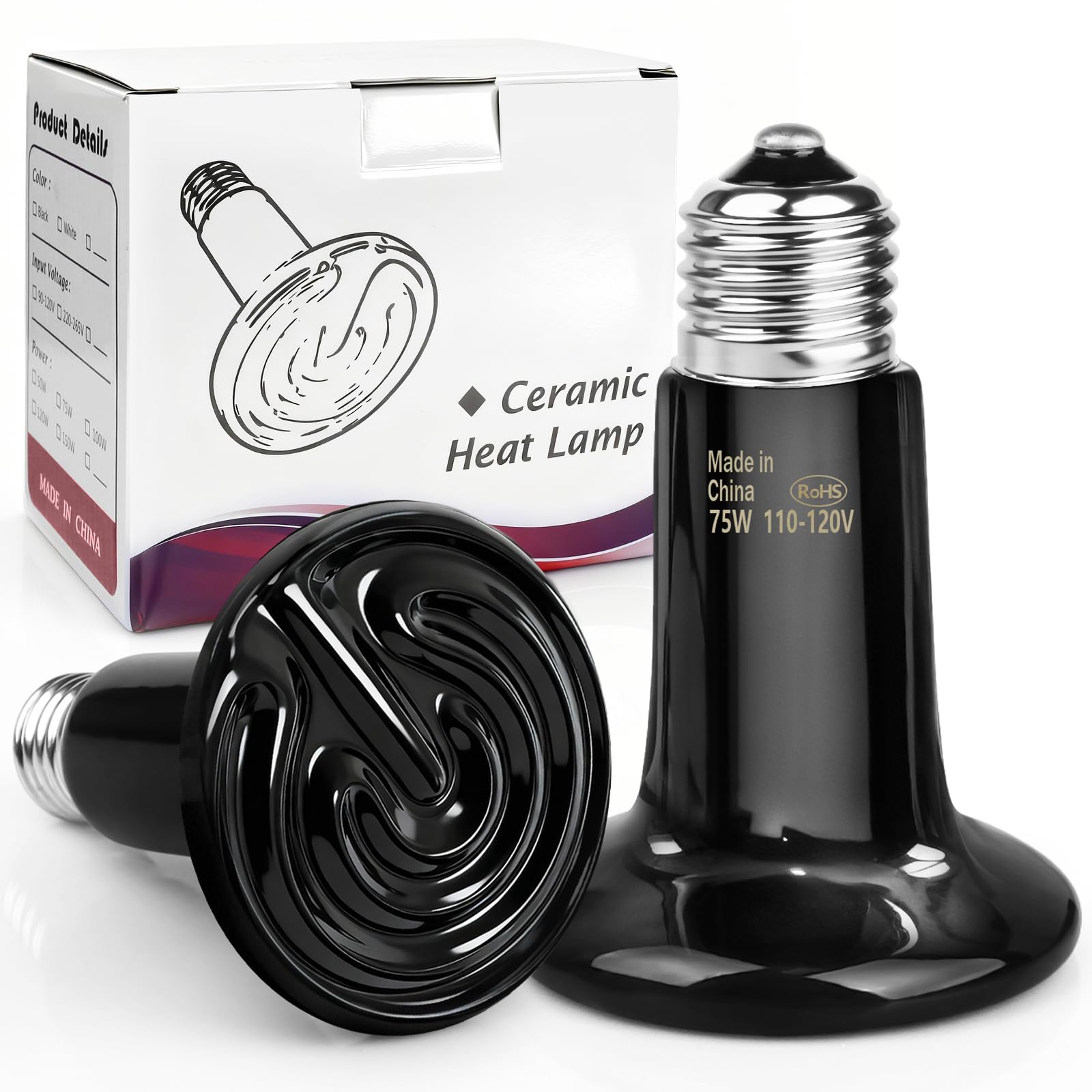 75W Ceramic Heat Emitter Reptile Heat Bulb E26 Base Heat Lamp Bulbs No Light Heat Lamp for Amphibian Pet Brooder Coop Lizard Turtle Snake Terrarium