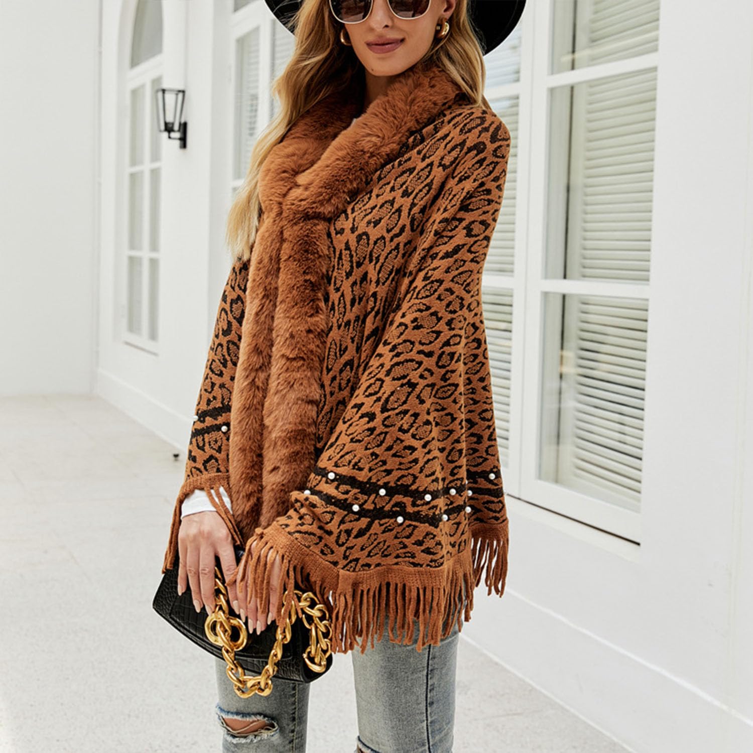 Frauen Gestrickt Schal Schal Leopard Kunstpelz Mantel Quaste Saum Warm Mantel Poncho Strickjacke Pullover Cape