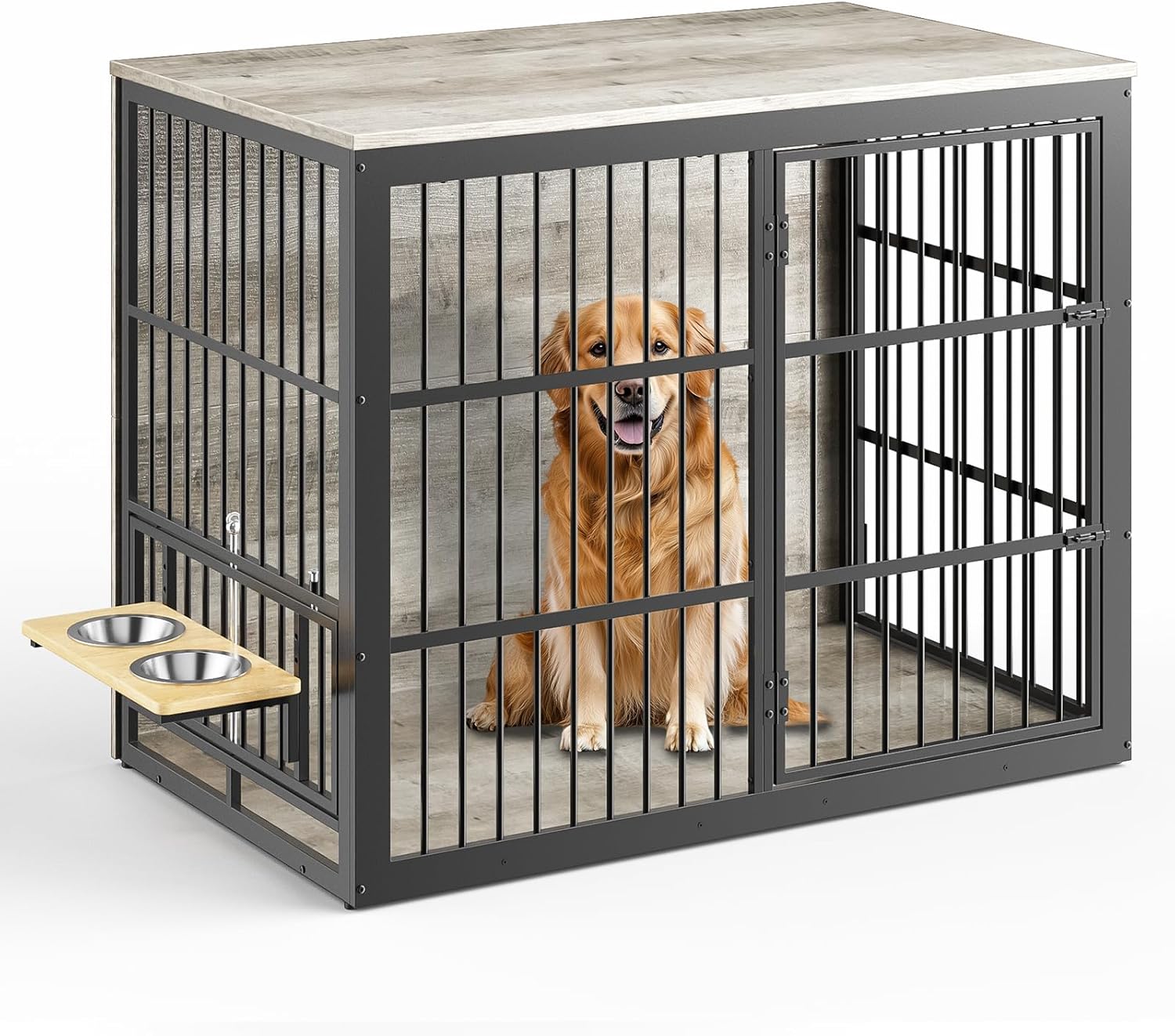 Lyromix 48'' XXL Dog Crate Furniture with Rotating Feeder, Large Wooden Crate End Table, Heavy Duty Indoor Kennel Cage for Medium to Large Dogs, Grey