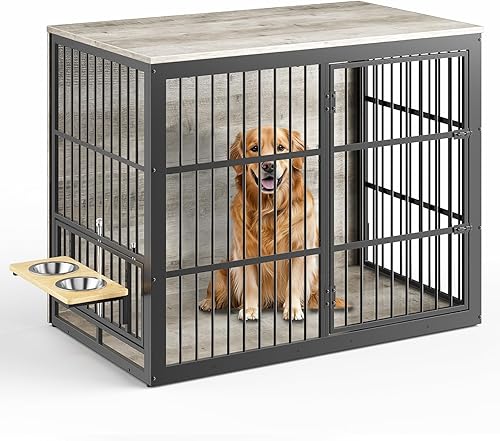 Lyromix Mueble de jaula para perros XXL de 48 pulgadas con alimentador giratorio, mesa auxiliar de jaula de madera grande, jaula de perrera interior