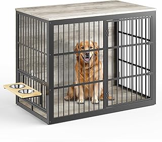 Lyromix 48'' XXL Dog Crate Furniture with Rotating Feeder, Large Wooden Crate End Table,