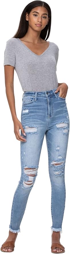 Amazon.com: Cello Jeans Jeans ajustados de talle alto para mujer con  dobladillo deshilachado, Mezclilla mediana, 1 : Ropa, Zapatos y Joyería