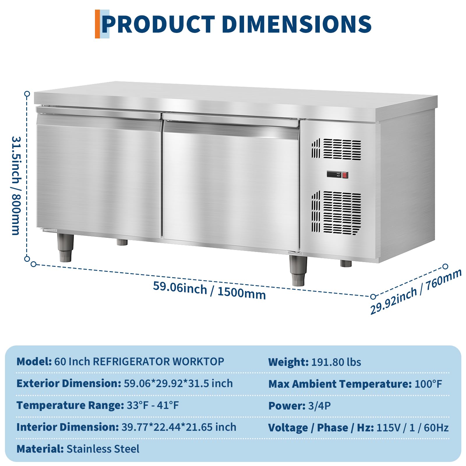 PeacefulHues 60-Inch 15 Cu.Ft Commercial Worktop Undercounter Refrigerator – Double Door Stainless Steel Food Prep Station for Restaurant/Bar/Cafe on Fridge.com