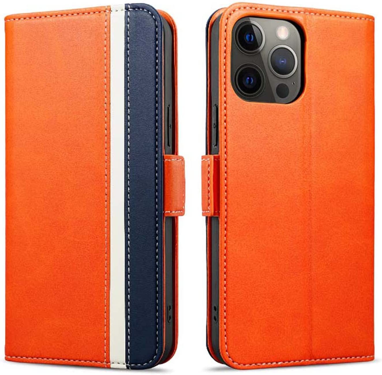 Étui en cuir synthétique iPhone 14 Pro Max élégant et chic avec cordon orange