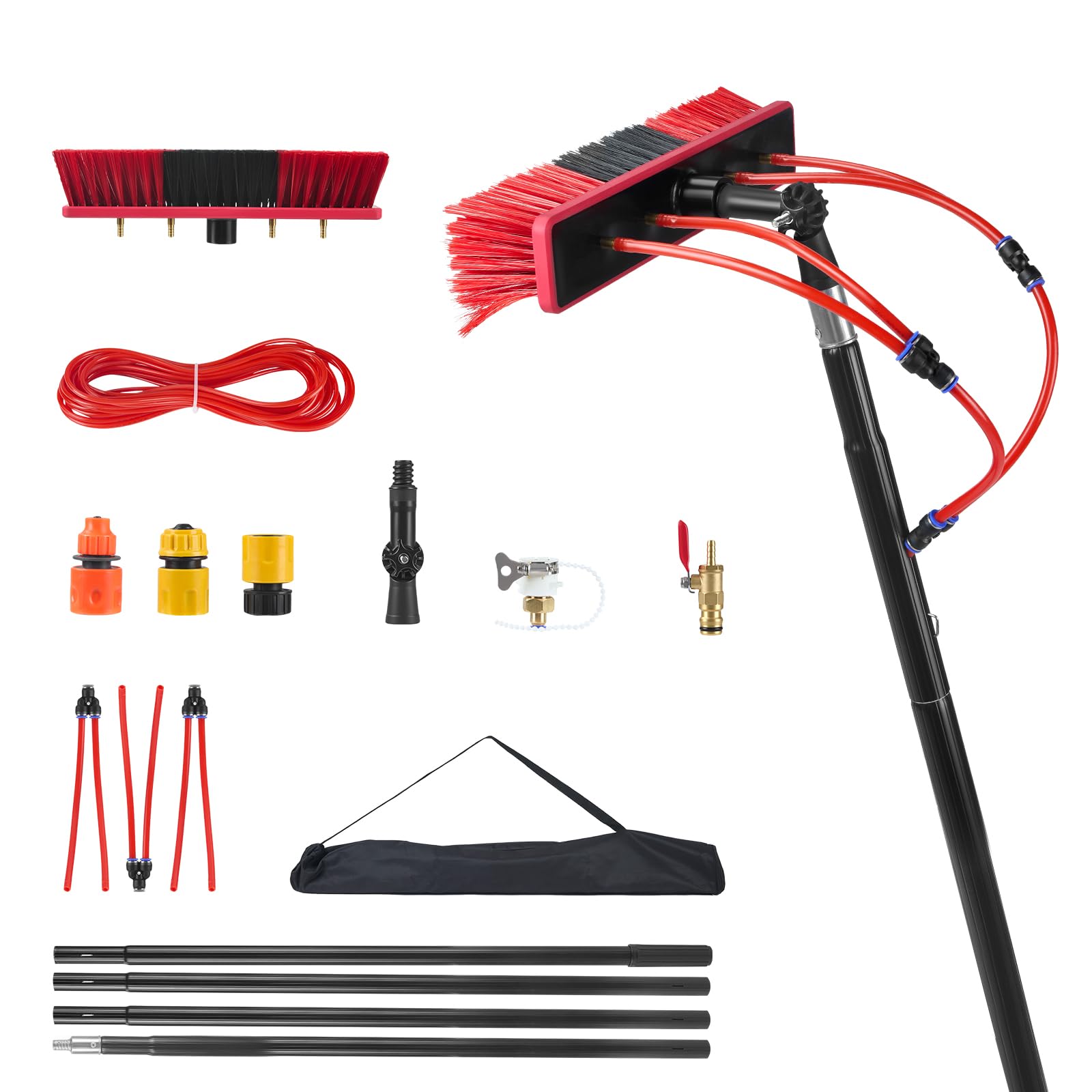 Teleskop Waschbürste mit Wasseranschluss, 4m Teleskopstange Fensterreinigung mit 180° verstellbarem Bürstenkopf & 4 integrierten Düsen, für Photovoltaikanlagen, Fenster, Wohnmobile & Auto