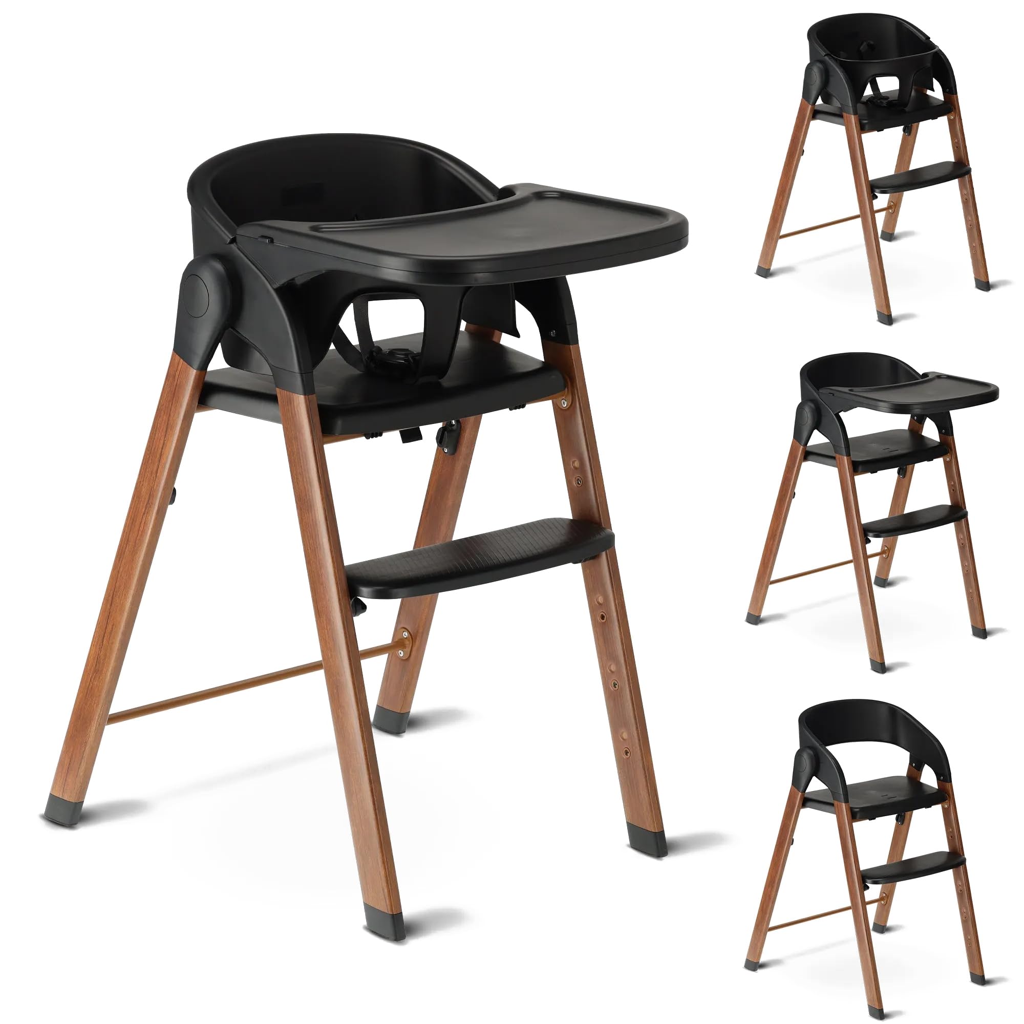 Deryan Hochstuhl Baby & Kleinkind – Faltbarer Mitwachsender Holzhochstuhl – Inklusive 5 Punkt Gurt - Höhenverstellbar & Klappbar – Inkl. Sicherheitsgurt & Tablett – Schwarz/Holz